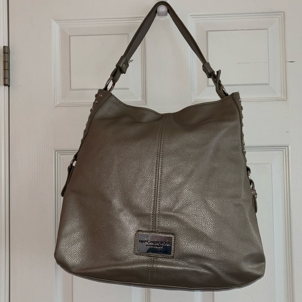 Marc New York taupe metallic XL tote. Zipper closer. Rhinestone and stud accents